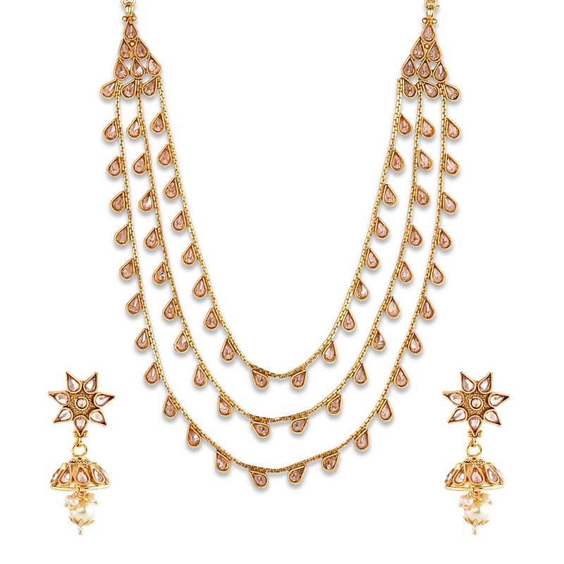 Gold Plated Stone Studded 3  Layer Necklace Set