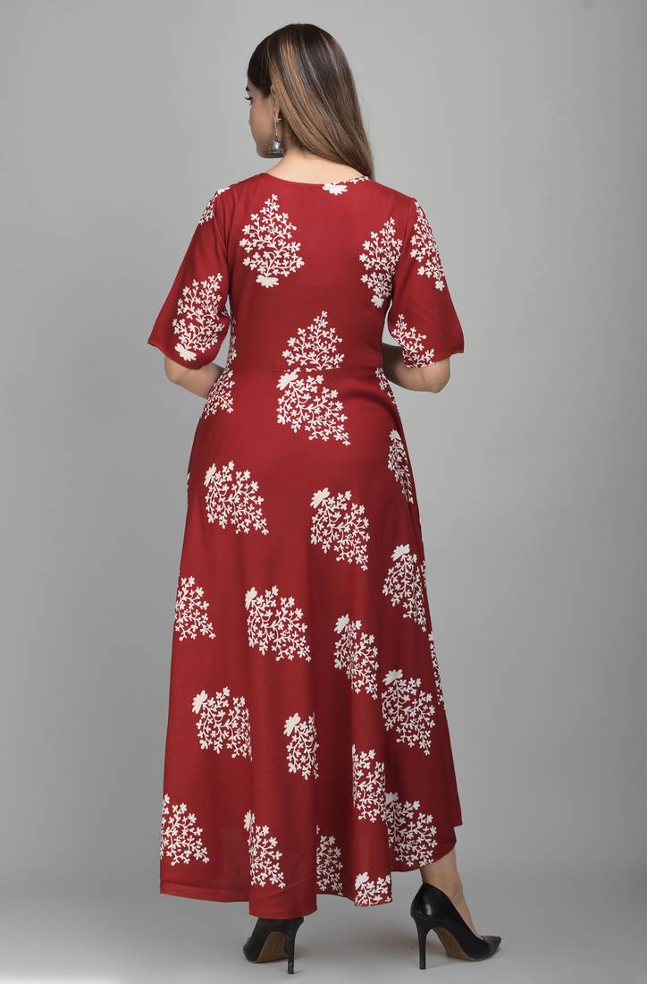 Jaipur Fashion Mode Womens Rayon Printed Anarkali Gown (Wine)