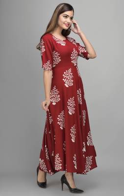 Jaipur Fashion Mode Womens Rayon Printed Anarkali Gown (Wine) 4