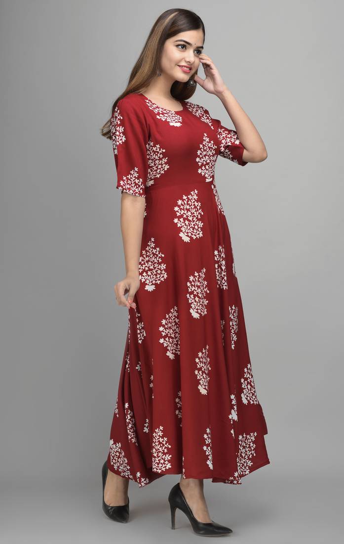 Jaipur Fashion Mode Womens Rayon Printed Anarkali Gown (Wine)