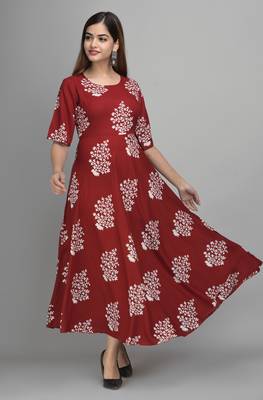 Jaipur Fashion Mode Womens Rayon Printed Anarkali Gown (Wine) 5