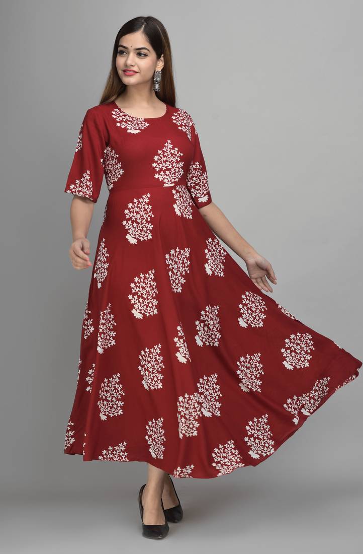 Jaipur Fashion Mode Womens Rayon Printed Anarkali Gown (Wine)