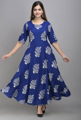 Jaipur Fashion Mode Womens Rayon Printed Anarkali Gown (Royal Blue) 1