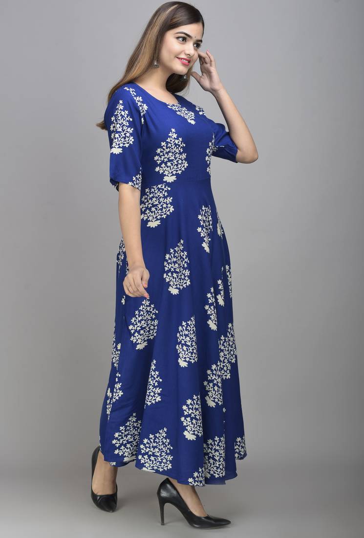 Jaipur Fashion Mode Womens Rayon Printed Anarkali Gown (Royal Blue)