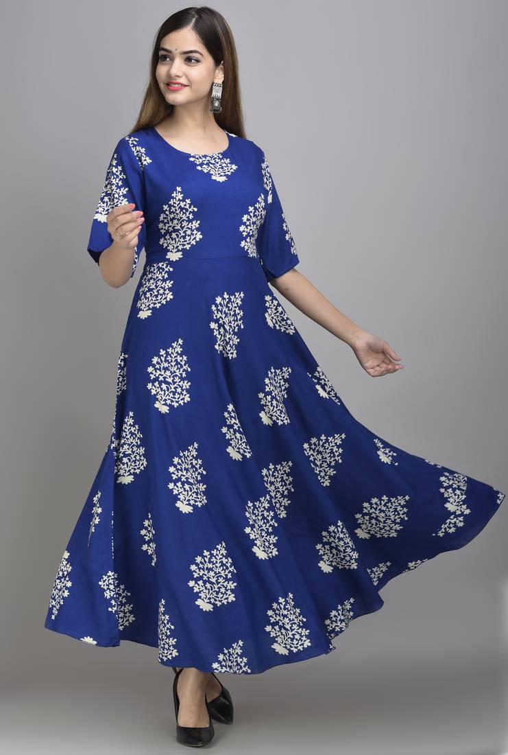 Jaipur Fashion Mode Womens Rayon Printed Anarkali Gown (Royal Blue)