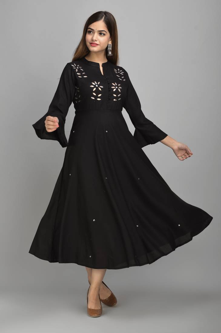 Jaipur Fashion Mode Womens Rayon Embroidered Anarkali Gown (Black)