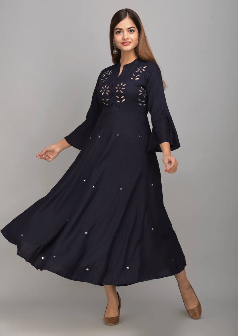 Jaipur Fashion Mode Womens Rayon Embroidered Anarkali Gown (Navy Blue)