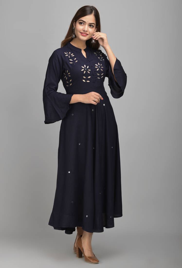 Jaipur Fashion Mode Womens Rayon Embroidered Anarkali Gown (Navy Blue)