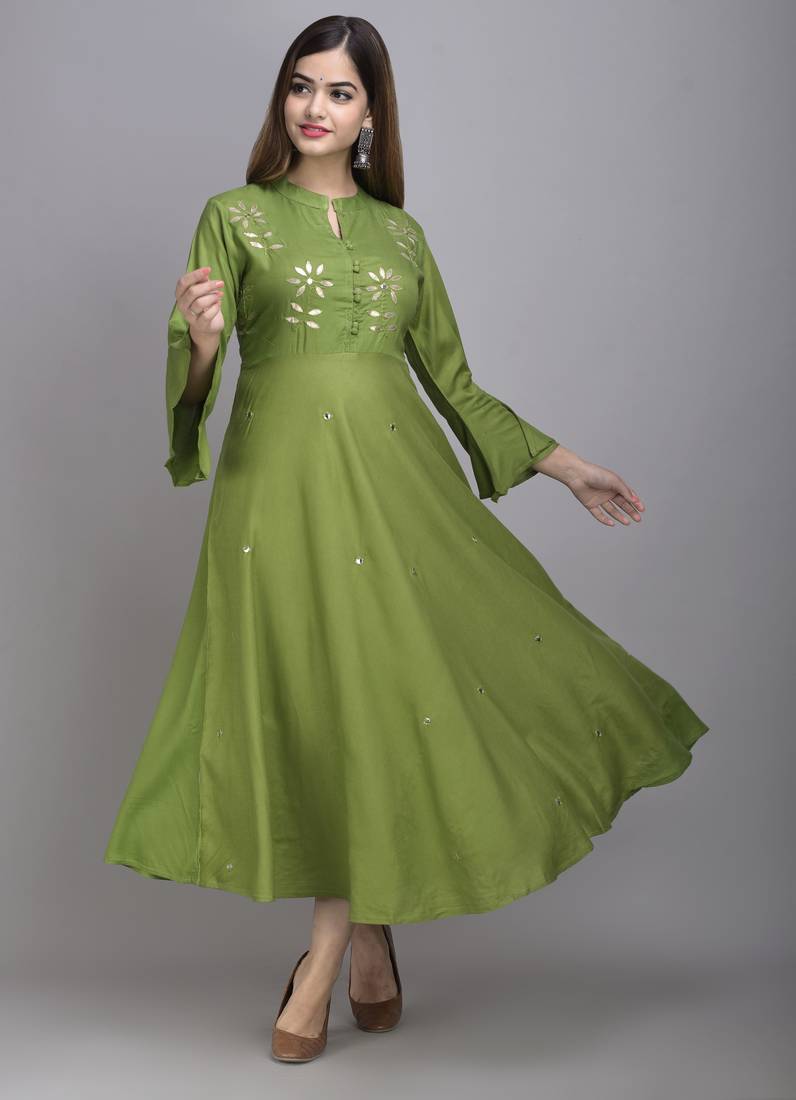 Jaipur Fashion Mode Womens Rayon Embroidered Anarkali Gown (Olive Green)