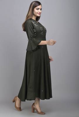 Jaipur Fashion Mode Womens Rayon Embroidered Anarkali Gown (Bottle Green) 4