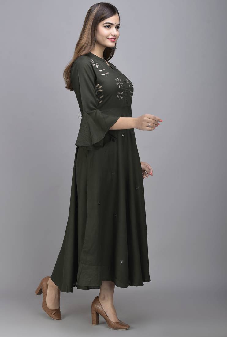 Jaipur Fashion Mode Womens Rayon Embroidered Anarkali Gown (Bottle Green)