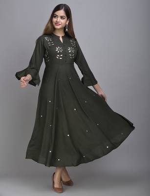 Jaipur Fashion Mode Womens Rayon Embroidered Anarkali Gown (Bottle Green) 5