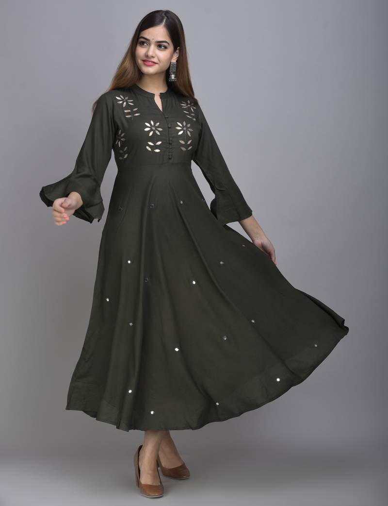 Jaipur Fashion Mode Womens Rayon Embroidered Anarkali Gown (Bottle Green)