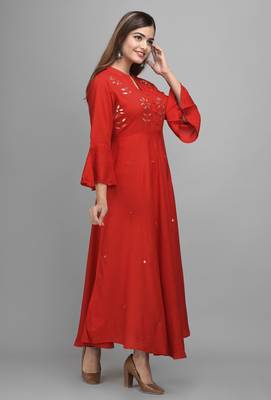 Jaipur Fashion Mode Womens Rayon Embroidered Anarkali Gown (Red) 4