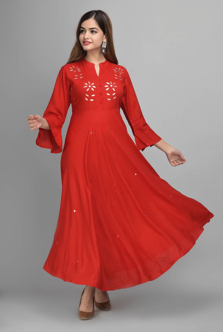 Jaipur Fashion Mode Womens Rayon Embroidered Anarkali Gown (Red)