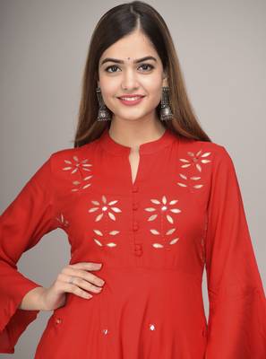 Jaipur Fashion Mode Womens Rayon Embroidered Anarkali Gown (Red) 6