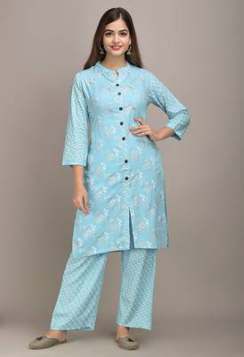 Jaipur Fashion Mode Womens Rayon Floral Print Straight Kurta Palazzo Set (Blue) 1