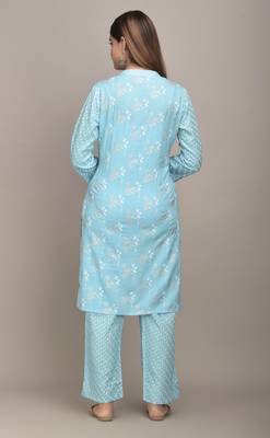 Jaipur Fashion Mode Womens Rayon Floral Print Straight Kurta Palazzo Set (Blue) 3