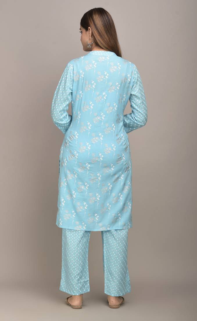 Jaipur Fashion Mode Womens Rayon Floral Print Straight Kurta Palazzo Set (Blue)