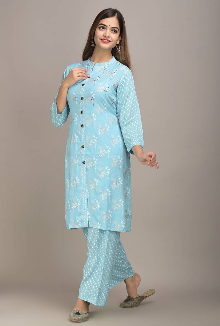Jaipur Fashion Mode Womens Rayon Floral Print Straight Kurta Palazzo Set (Blue)