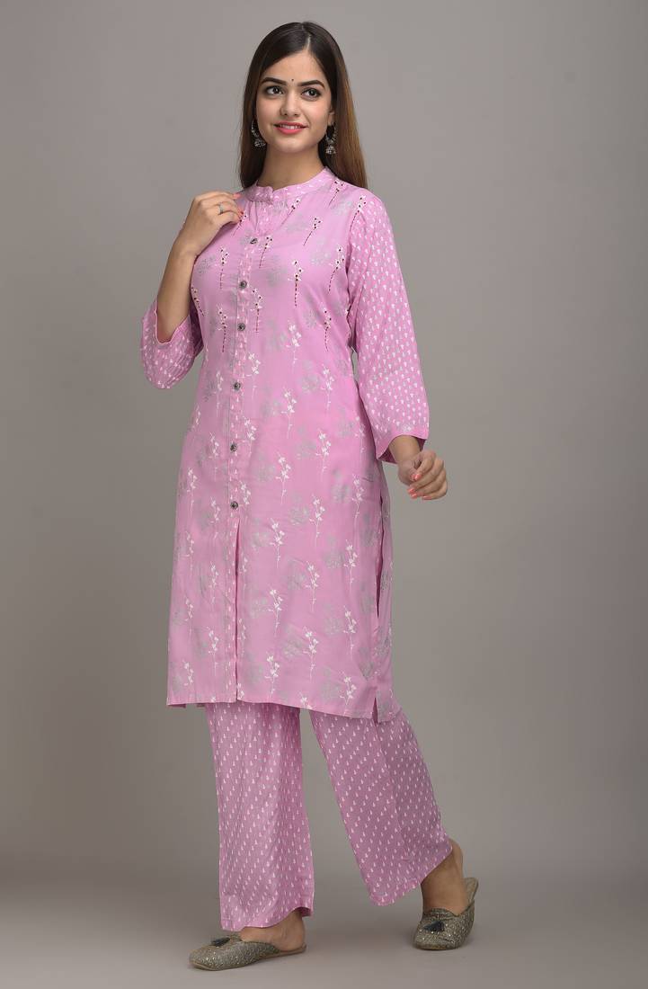 Jaipur Fashion Mode Womens Rayon Floral Print Straight Kurta Palazzo Set (Light Pink)
