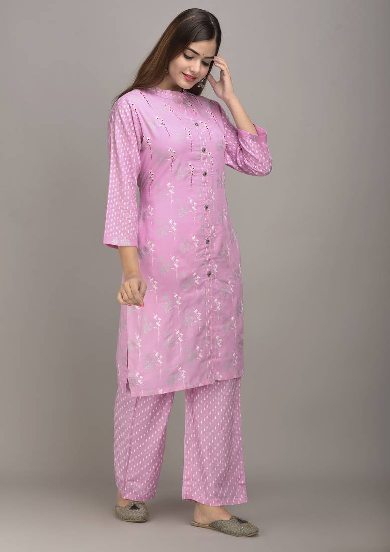 Jaipur Fashion Mode Womens Rayon Floral Print Straight Kurta Palazzo Set (Light Pink)