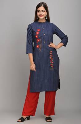 Jaipur Fashion Mode Womens Rayon Crista and Rayon Embroidered Straight Kurta Palazzo Set (Navy Blue) 1
