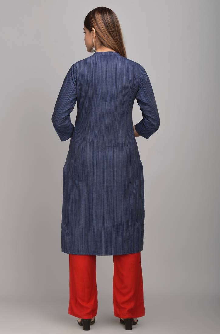 Jaipur Fashion Mode Womens Rayon Crista and Rayon Embroidered Straight Kurta Palazzo Set (Navy Blue)