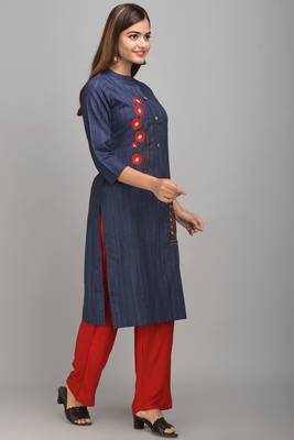 Jaipur Fashion Mode Womens Rayon Crista and Rayon Embroidered Straight Kurta Palazzo Set (Navy Blue) 4