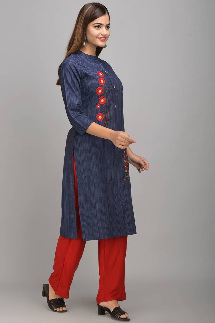 Jaipur Fashion Mode Womens Rayon Crista and Rayon Embroidered Straight Kurta Palazzo Set (Navy Blue)