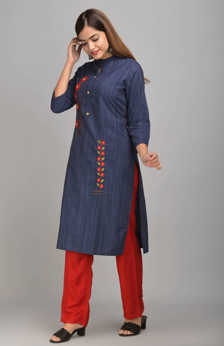 Jaipur Fashion Mode Womens Rayon Crista and Rayon Embroidered Straight Kurta Palazzo Set (Navy Blue)