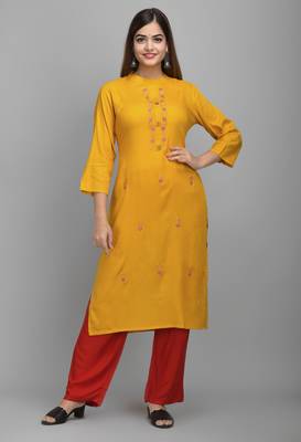 Jaipur Fashion Mode Womens Rayon Embroidered Straight Kurta Palazzo Set (Mustard) 1