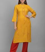 Jaipur Fashion Mode Womens Rayon Embroidered Straight Kurta Palazzo Set (Mustard)