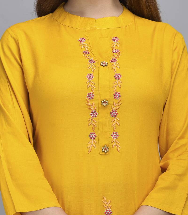 Jaipur Fashion Mode Womens Rayon Embroidered Straight Kurta Palazzo Set (Mustard)