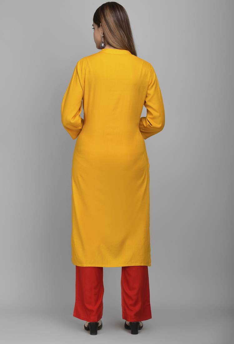 Jaipur Fashion Mode Womens Rayon Embroidered Straight Kurta Palazzo Set (Mustard)