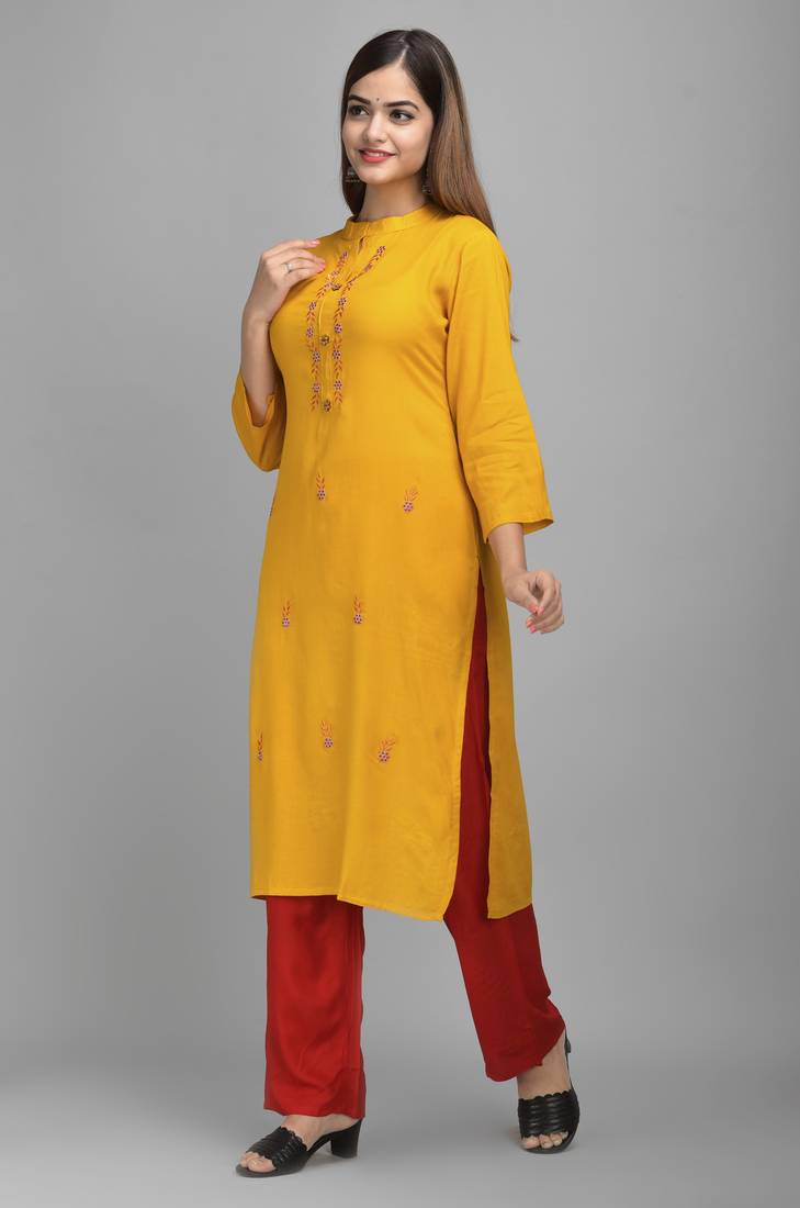 Jaipur Fashion Mode Womens Rayon Embroidered Straight Kurta Palazzo Set (Mustard)