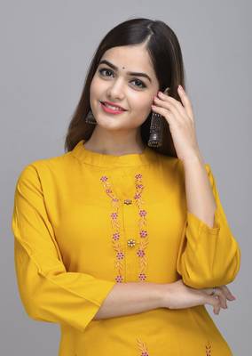 Jaipur Fashion Mode Womens Rayon Embroidered Straight Kurta Palazzo Set (Mustard) 5