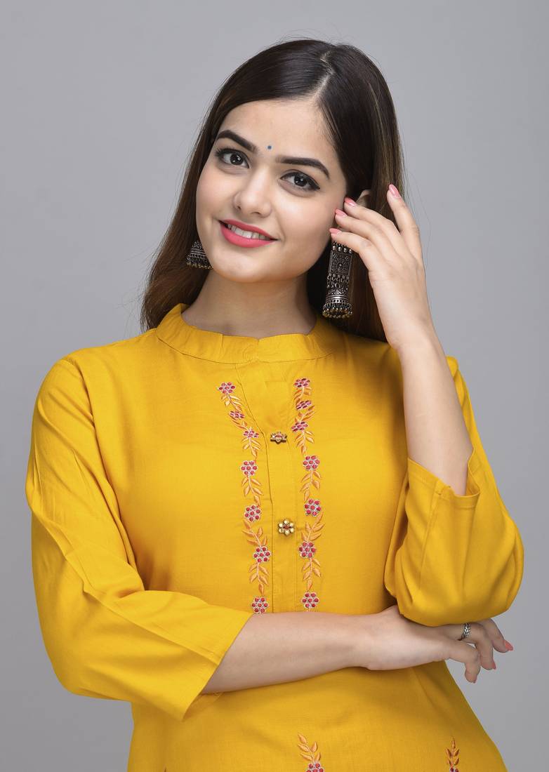 Jaipur Fashion Mode Womens Rayon Embroidered Straight Kurta Palazzo Set (Mustard)