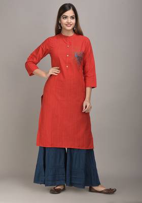 Jaipur Fashion Mode Womens Rayon Embroidered Straight Kurta Sharara Set (Red) 1