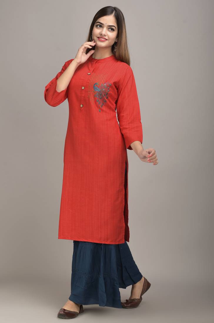 Jaipur Fashion Mode Womens Rayon Embroidered Straight Kurta Sharara Set (Red)