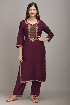 Jaipur Fashion Mode Womens Rayon Embroidered Straight Kurta Palazzo Set (Burgandy) 1
