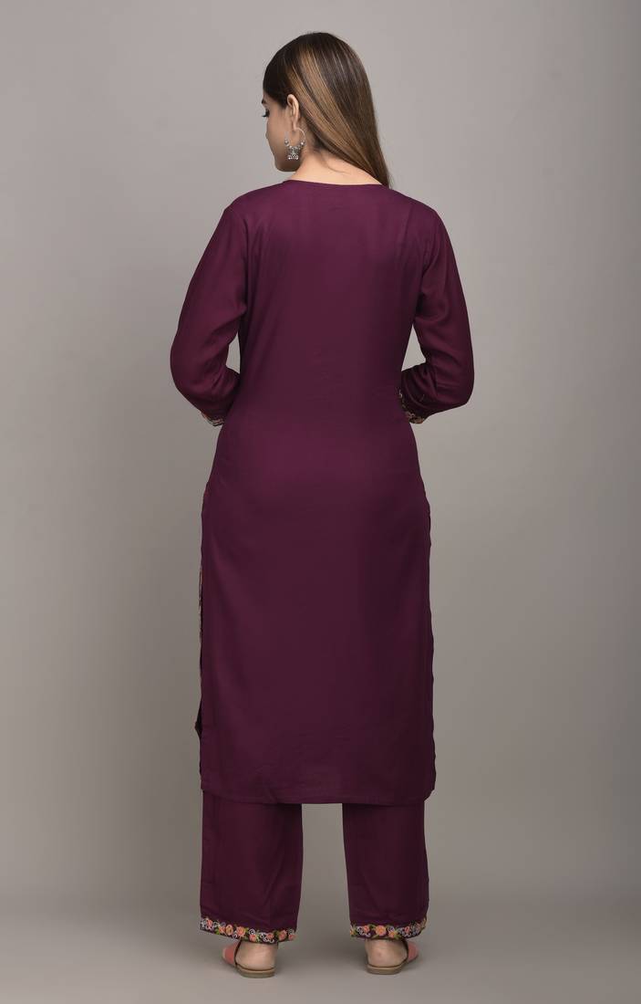 Jaipur Fashion Mode Womens Rayon Embroidered Straight Kurta Palazzo Set (Burgandy)