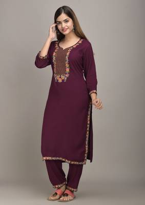 Jaipur Fashion Mode Womens Rayon Embroidered Straight Kurta Palazzo Set (Burgandy) 4