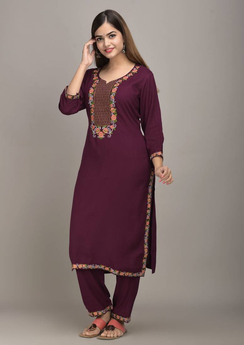 Jaipur Fashion Mode Womens Rayon Embroidered Straight Kurta Palazzo Set (Burgandy)
