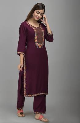 Jaipur Fashion Mode Womens Rayon Embroidered Straight Kurta Palazzo Set (Burgandy) 5