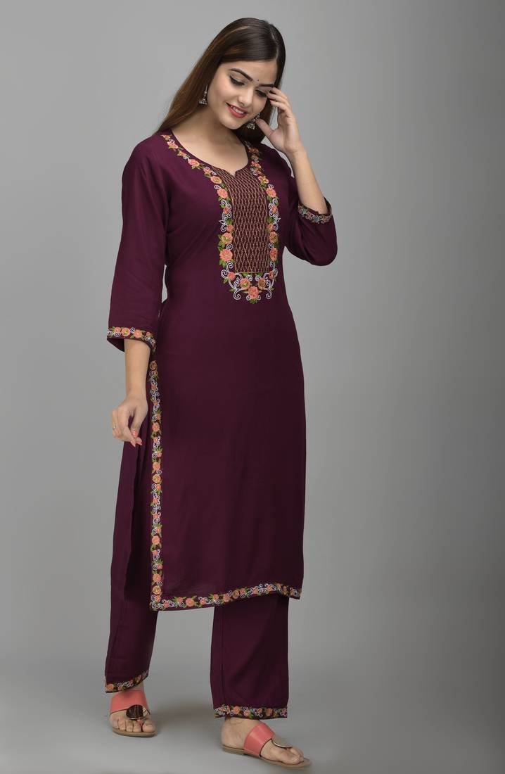 Jaipur Fashion Mode Womens Rayon Embroidered Straight Kurta Palazzo Set (Burgandy)