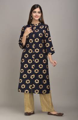 Jaipur Fashion Mode Womens Rayon and Cotton Gold Printed Straight Kurta Palazzo Set (Navy Blue) 1