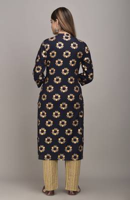 Jaipur Fashion Mode Womens Rayon and Cotton Gold Printed Straight Kurta Palazzo Set (Navy Blue) 3