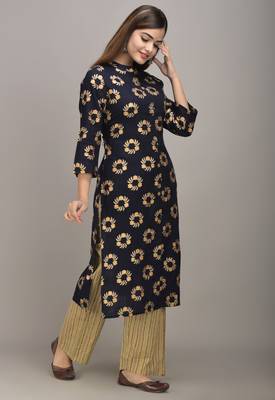 Jaipur Fashion Mode Womens Rayon and Cotton Gold Printed Straight Kurta Palazzo Set (Navy Blue) 4