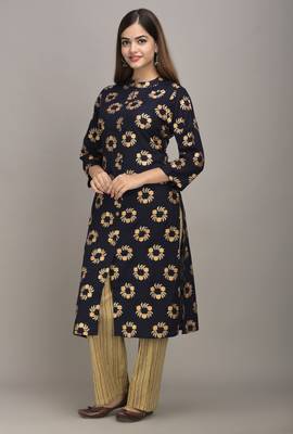 Jaipur Fashion Mode Womens Rayon and Cotton Gold Printed Straight Kurta Palazzo Set (Navy Blue) 5